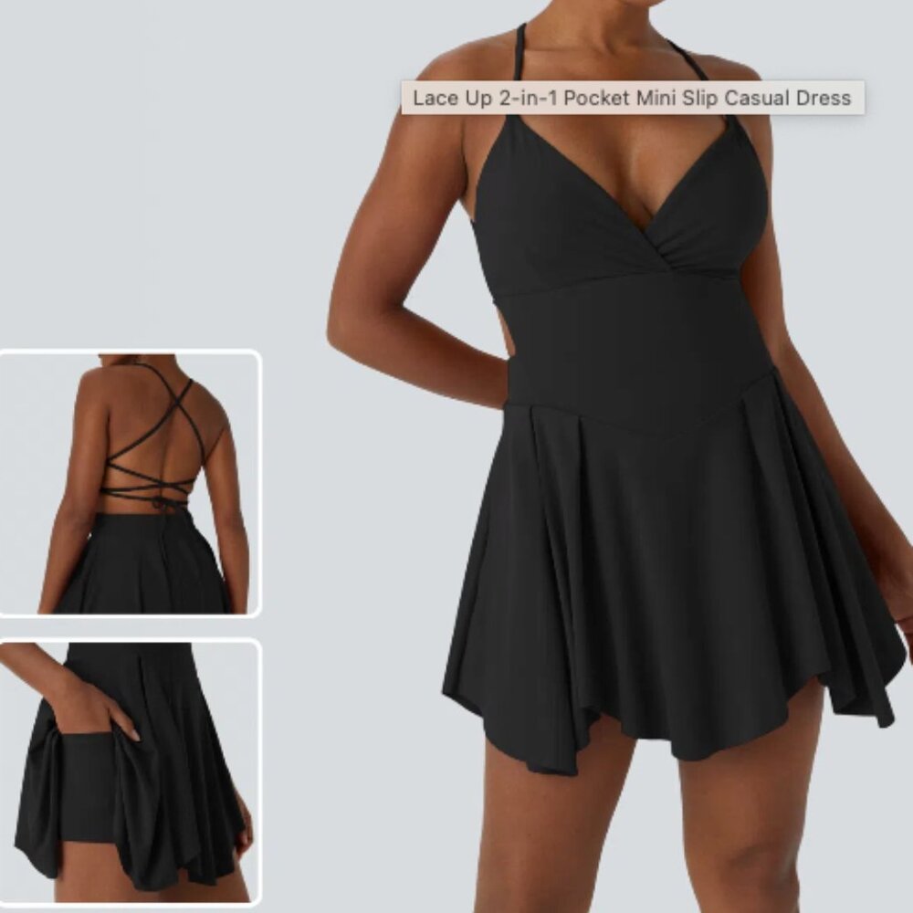 NWT NEW Halara Lace Up 2-in-1 Pocket Mini Slip Casual Dress in Black XL